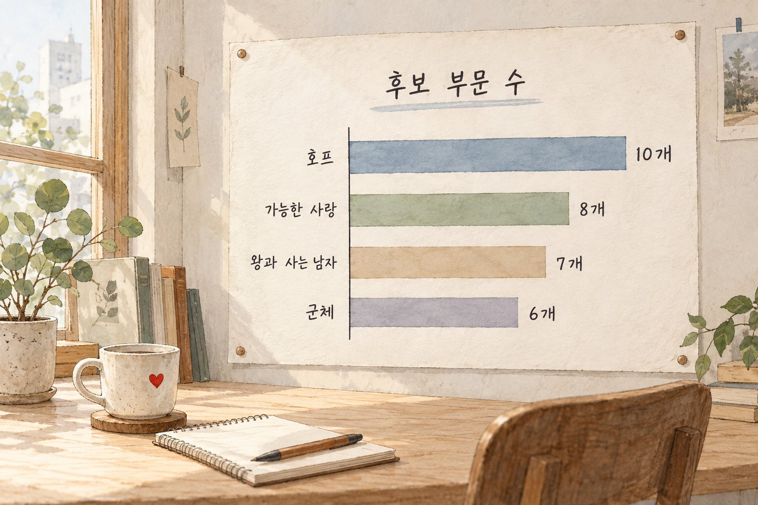 호프와 가능한 사랑, 왕과 사는 남자, 군체의 후보 부문 수를 비교한다.