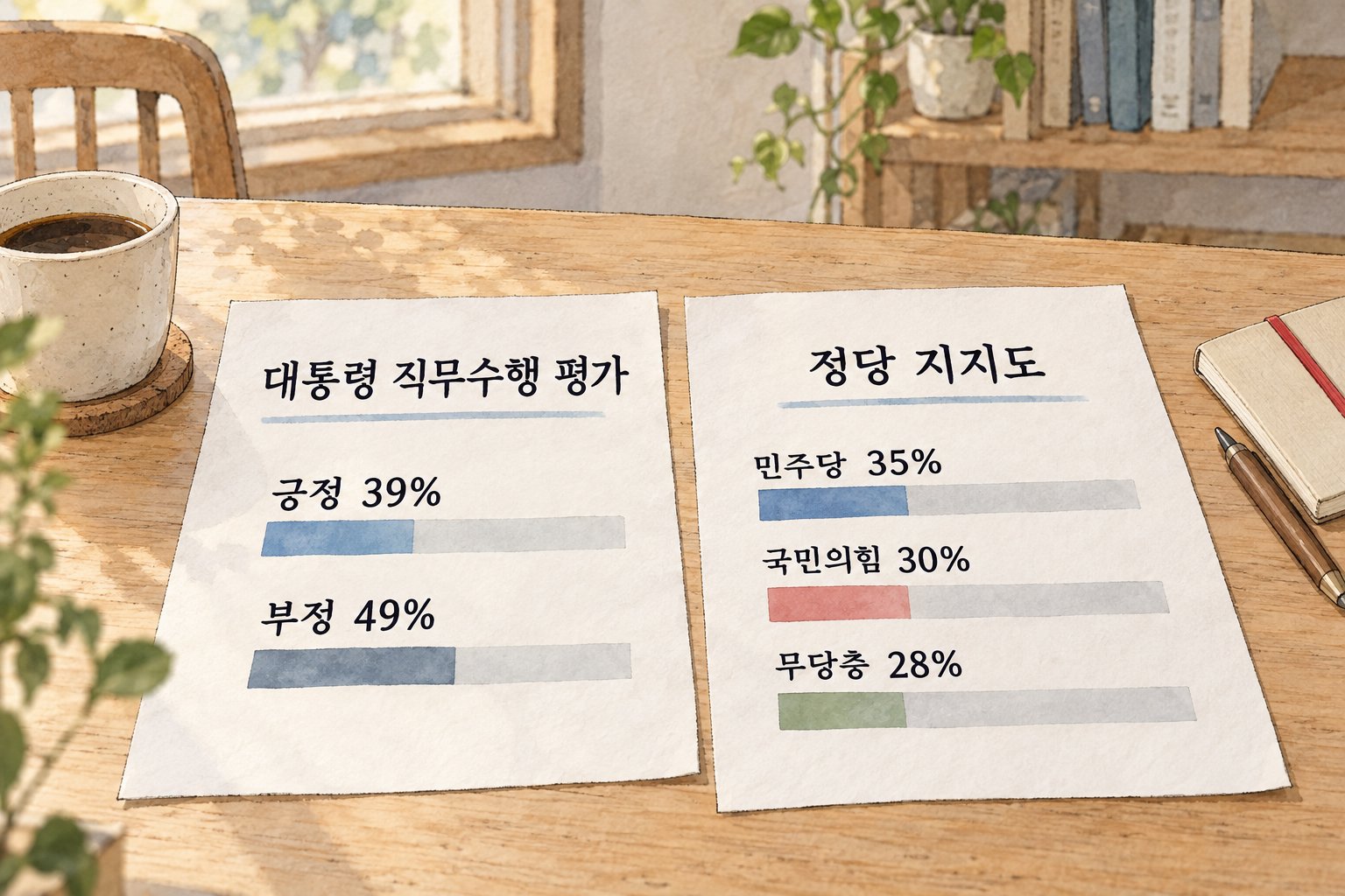 대통령 직무수행 평가와 정당 지지도가 서로 다른 질문에서 나온 수치임을 보여준다.