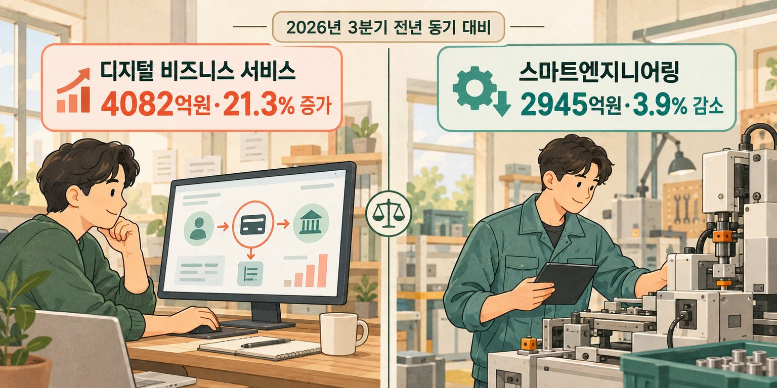 2026년 3분기 디지털 비즈니스 서비스와 스마트엔지니어링의 매출 및 증감률을 비교한다.