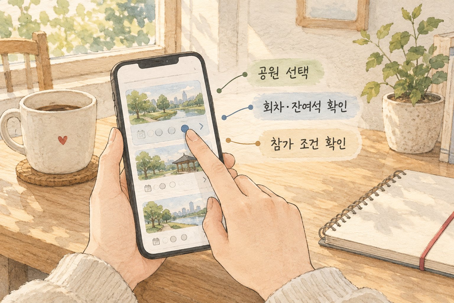 국립공원 예약시스템에서 공원과 회차, 참가 조건을 확인하는 순서.