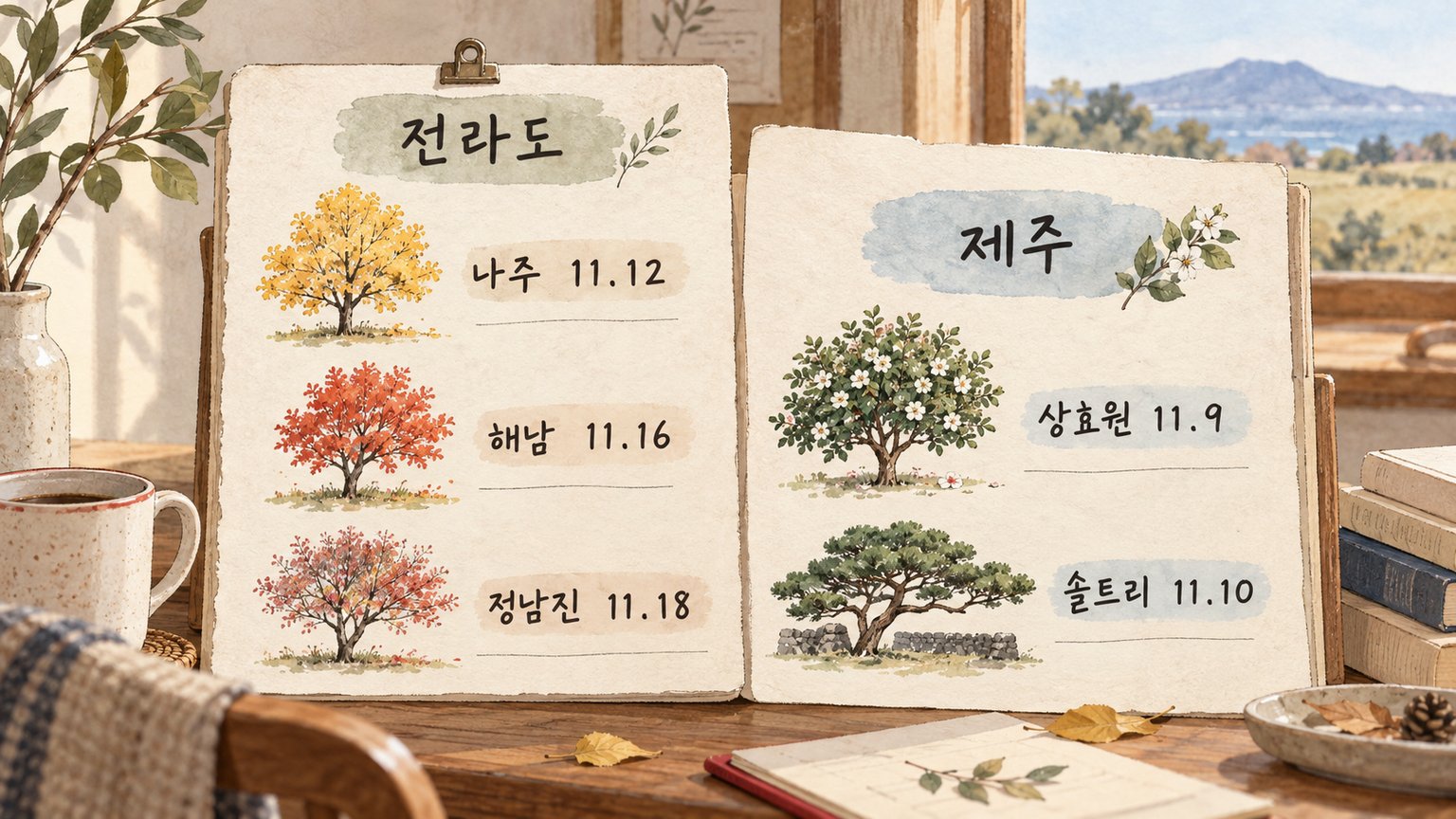 전라도와 제주 수목원의 11월 단풍 절정 예상일 비교