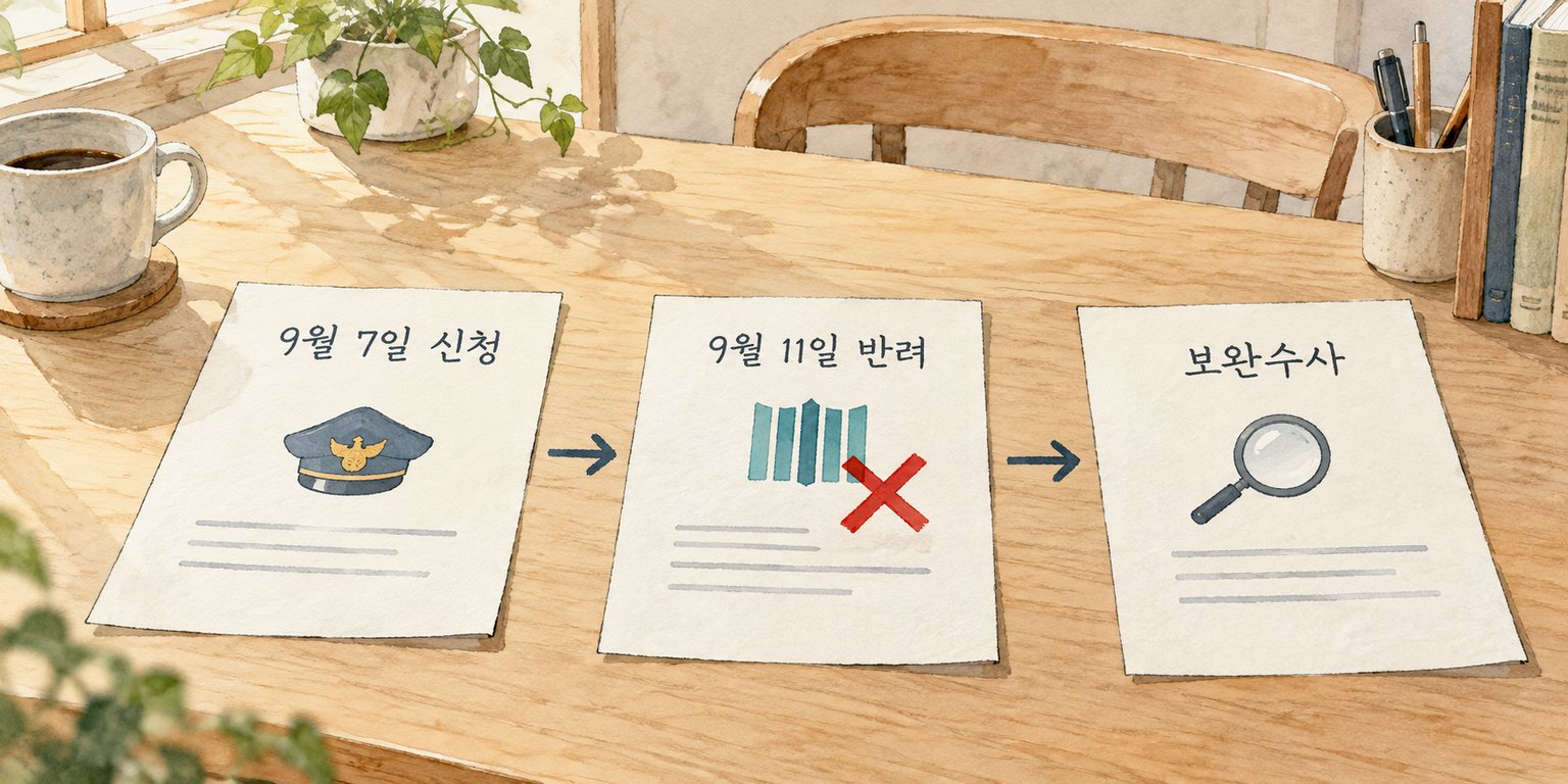 경찰의 구속영장 신청과 검사의 반려, 이후 보완수사 순서를 보여준다.