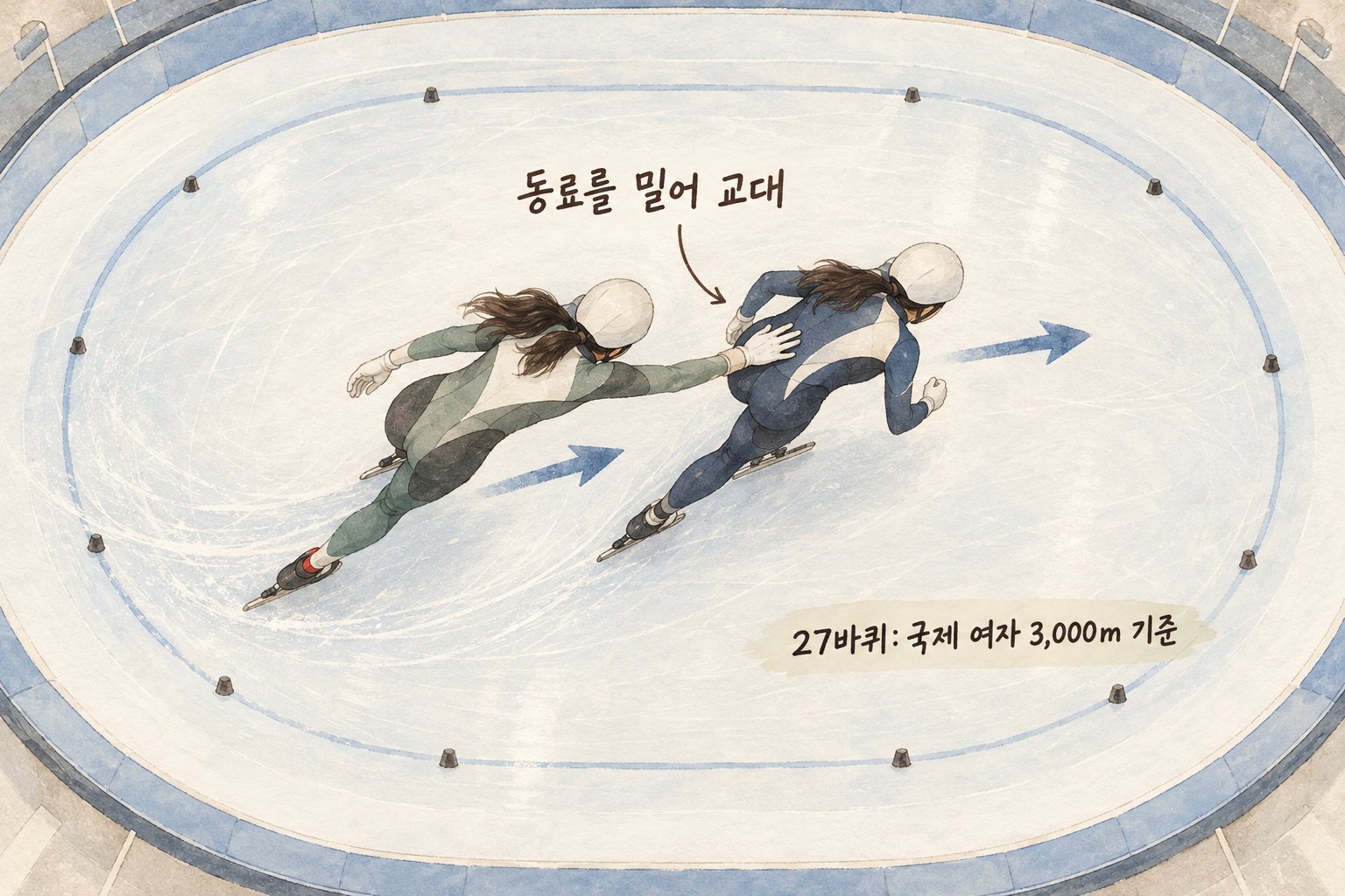 쇼트트랙 계주의 교대 동작과 27바퀴 수치의 적용 기준을 보여준다.