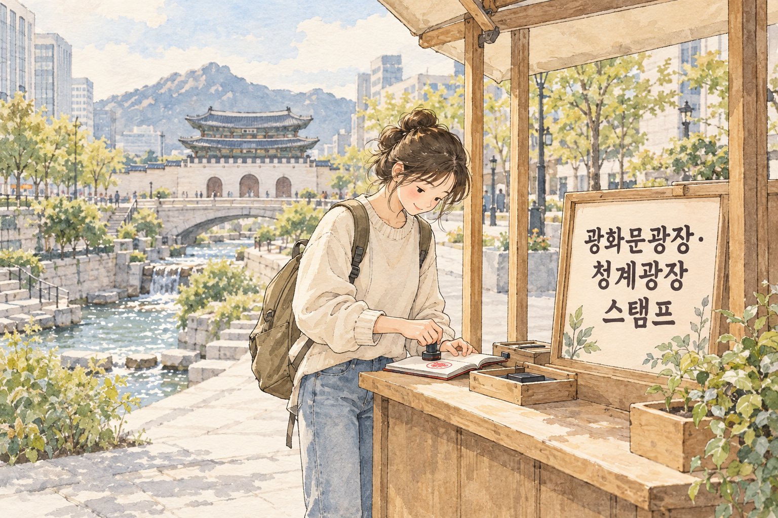 하이커 그라운드 안내소 옆에서 광화문광장과 청계광장 스탬프를 찍는 장면