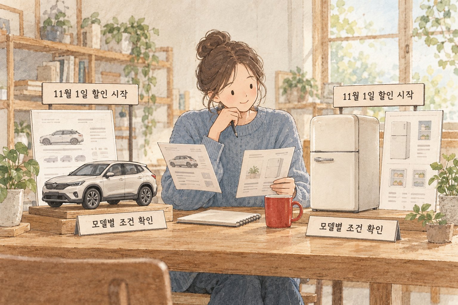 자동차와 가전제품의 할인 시작일과 모델별 조건 확인을 보여주는 장면이다.