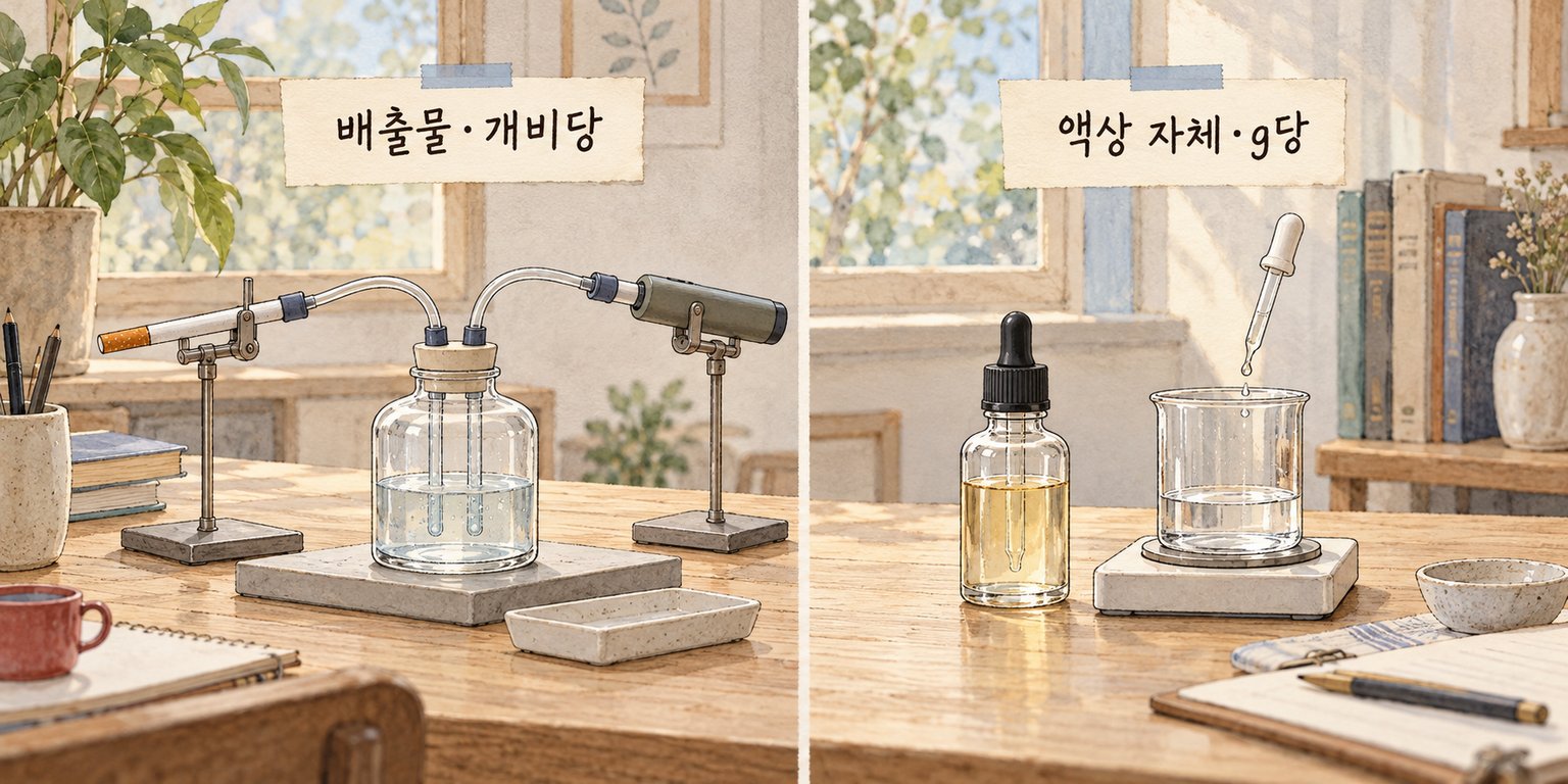 궐련과 궐련형 전자담배의 배출물 검사와 액상형 전자담배의 액상 검사를 비교한다.