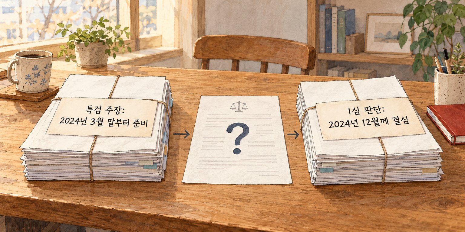 비상계엄 준비 시점에 관한 특검 주장과 1심 판단을 비교한다.