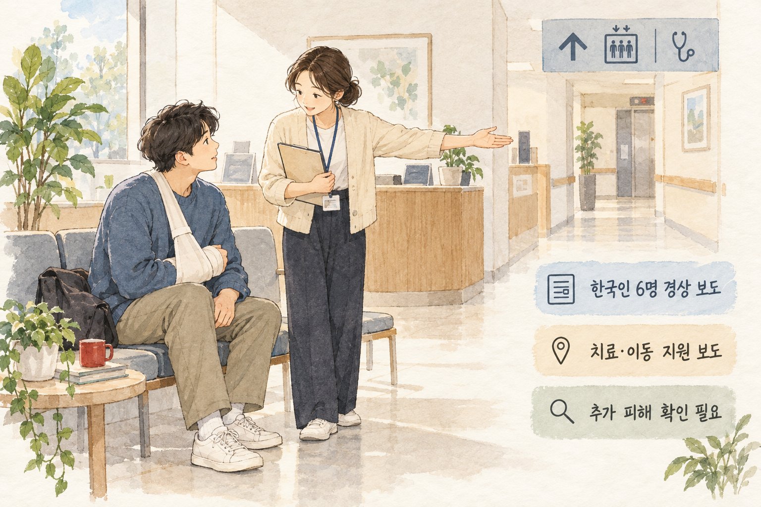 한국인 6명의 경상과 치료·이동 지원 보도, 추가 피해 확인 필요성을 나타낸 그림입니다.