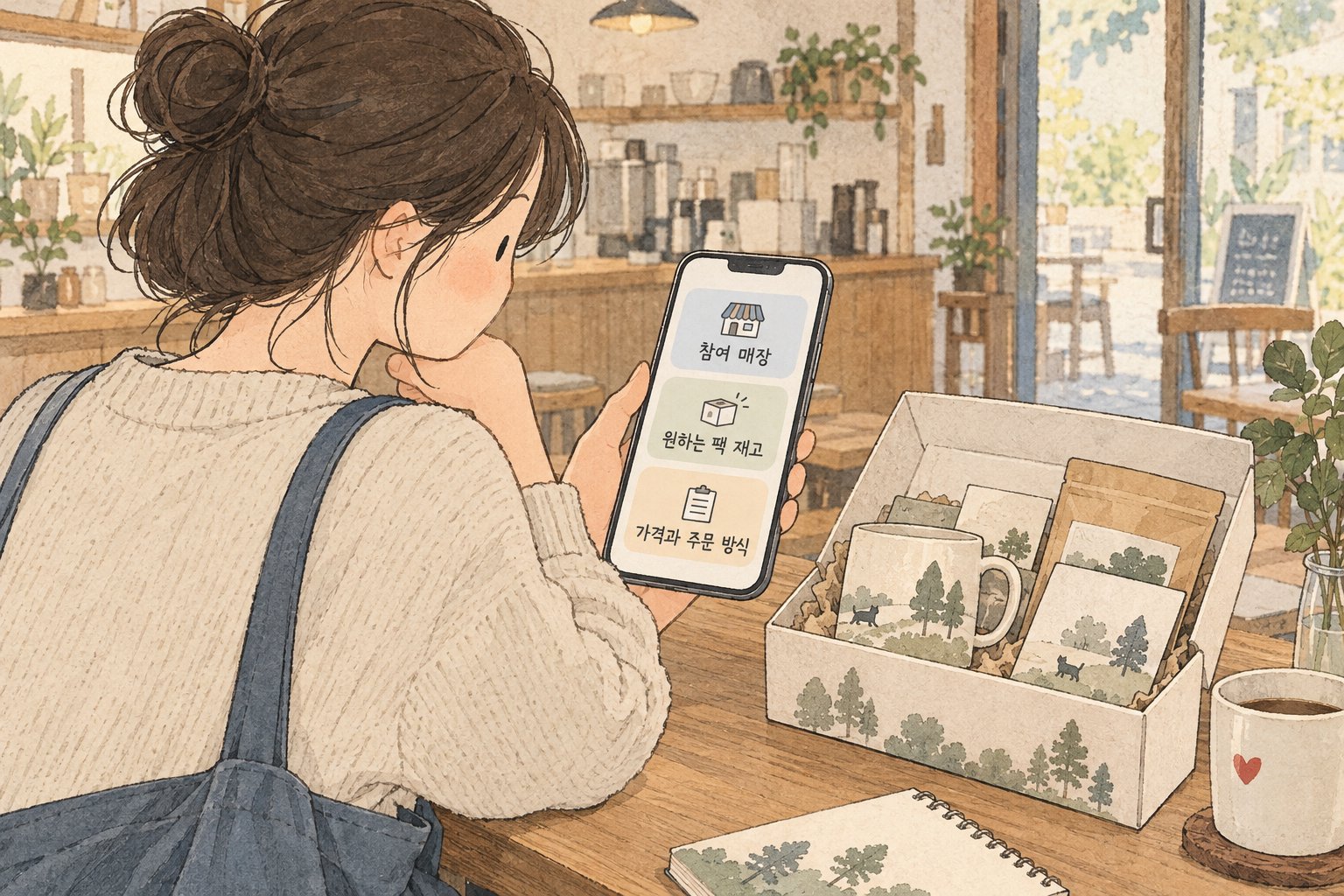 콜라보 구매 전 참여 매장과 원하는 팩의 재고를 문의하는 모습입니다.