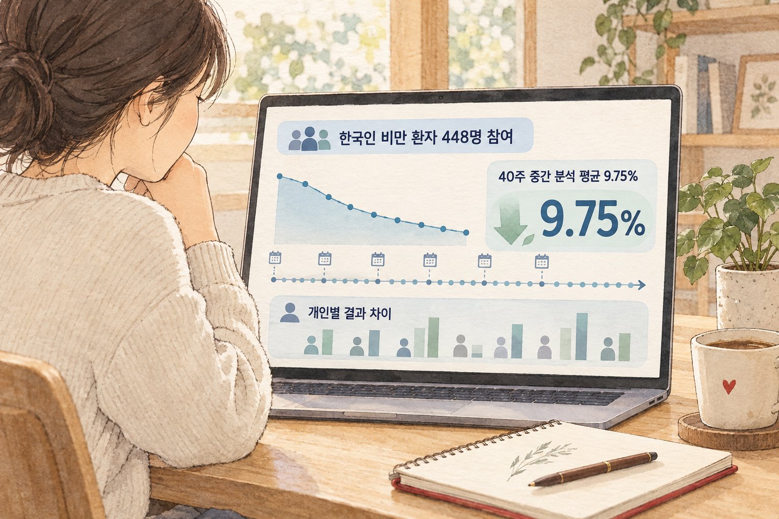 한국인 대상 임상시험의 40주 중간 분석과 평균 체중 감소율을 나타낸 도표.