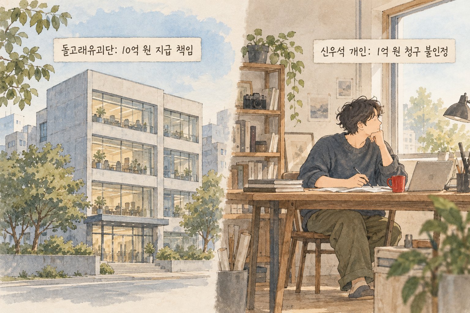 돌고래유괴단의 지급 책임과 신우석 감독 개인에 대한 청구 결과를 구분해 보여준다.