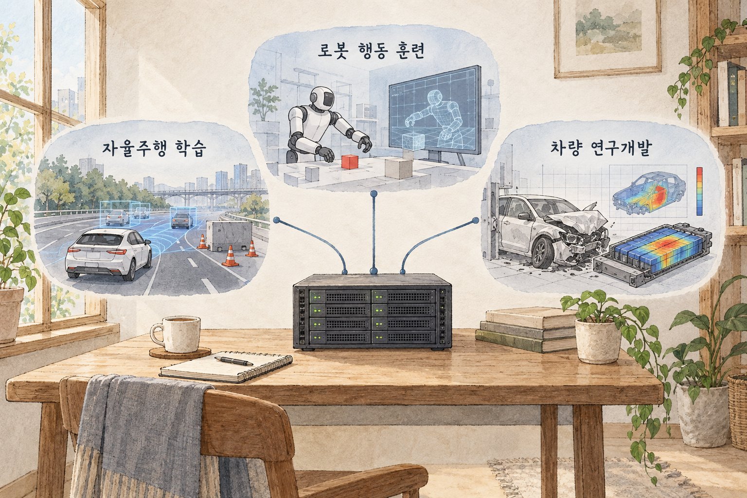 데이터센터를 활용할 자율주행, 로봇 훈련, 차량 연구개발 분야를 보여준다.