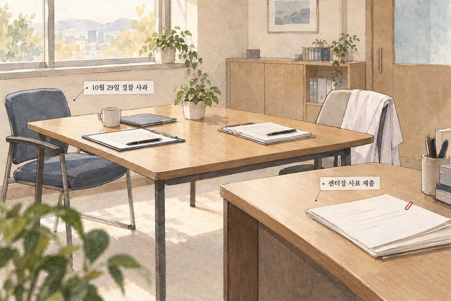 경찰의 병원 방문 사과와 아주대병원 소아응급센터장의 사표 제출을 보여준다.