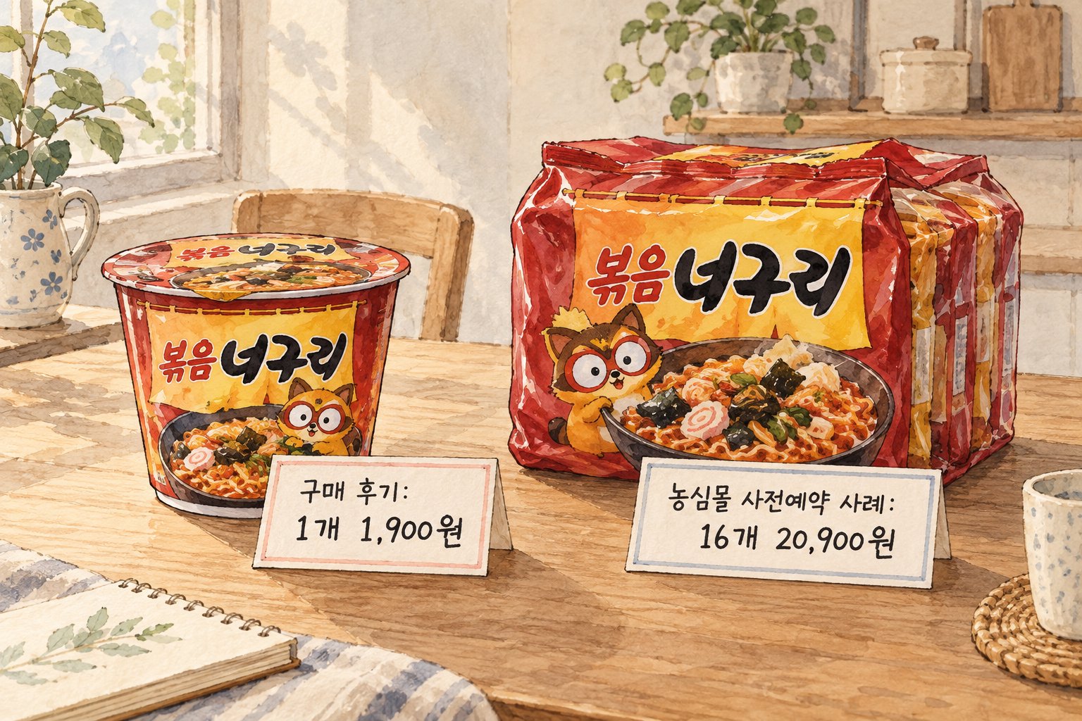 볶음너구리 컵라면 구매 가격과 봉지라면 사전예약 묶음 가격 사례를 비교한 모습이다.