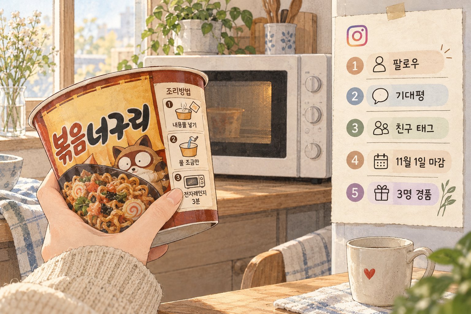 용기면 포장지 조리법 확인과 기프트 세트 이벤트 참여 조건을 한눈에 보여주는 이미지입니다.