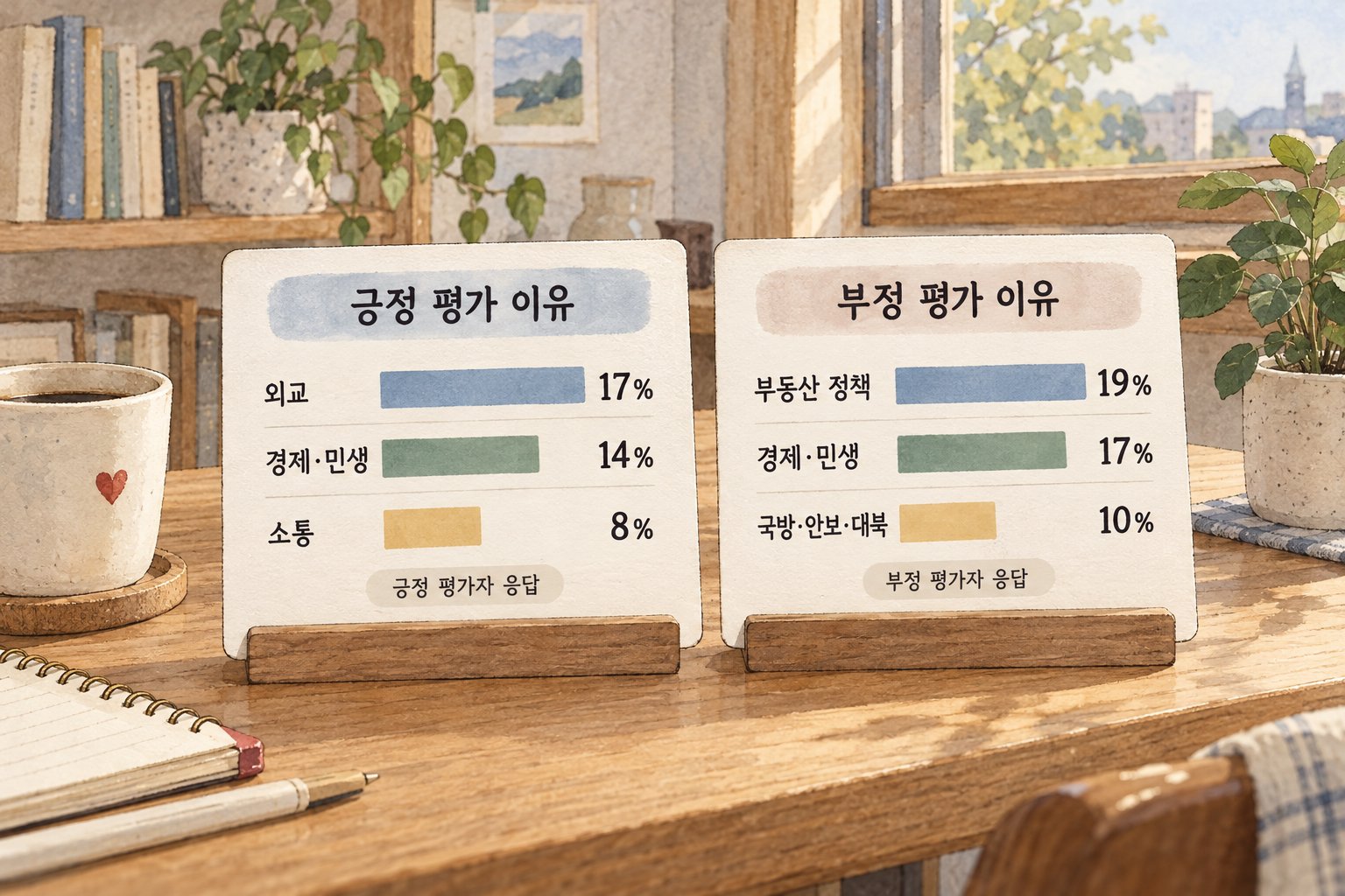 한국갤럽 조사에서 긍정 평가자와 부정 평가자가 꼽은 주요 이유를 보여준다.