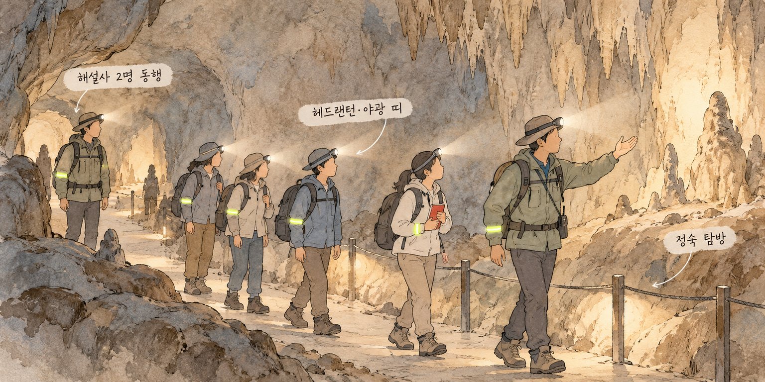 해설사 두 명과 안전 장비를 갖춘 탐방객들이 국립공원 야경 관광에 참여하는 모습.