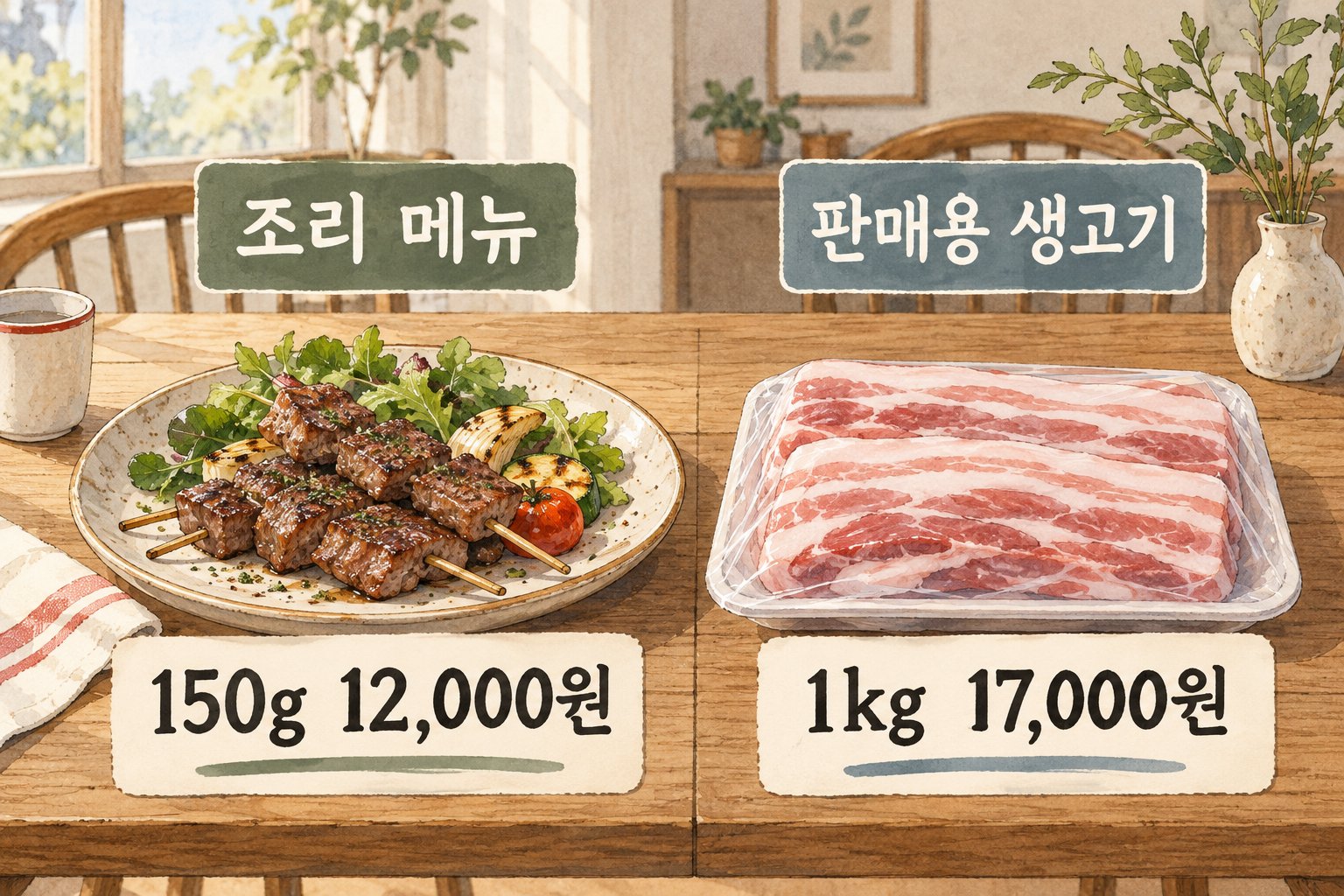 조리된 한우 케밥과 판매용 생삼겹살의 가격과 중량을 구분해 보여준다.