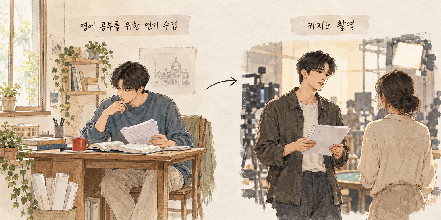 영어 공부를 위한 연기 수업에서 카지노 촬영으로 이어진 김민의 이력을 보여주는 구성.