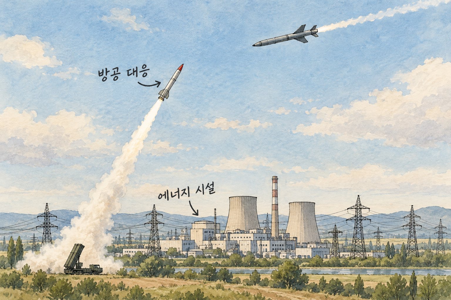 우크라이나의 에너지 시설과 공중 위협에 대한 방공 대응을 보여준다.