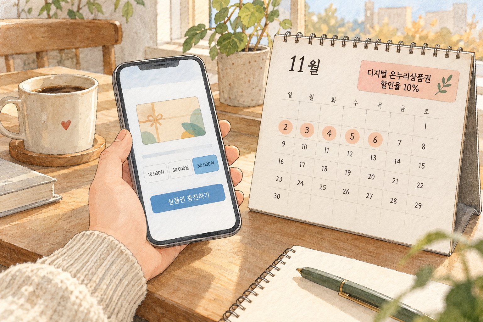 디지털 온누리상품권의 10% 할인 기간을 달력과 함께 보여주는 장면이다.