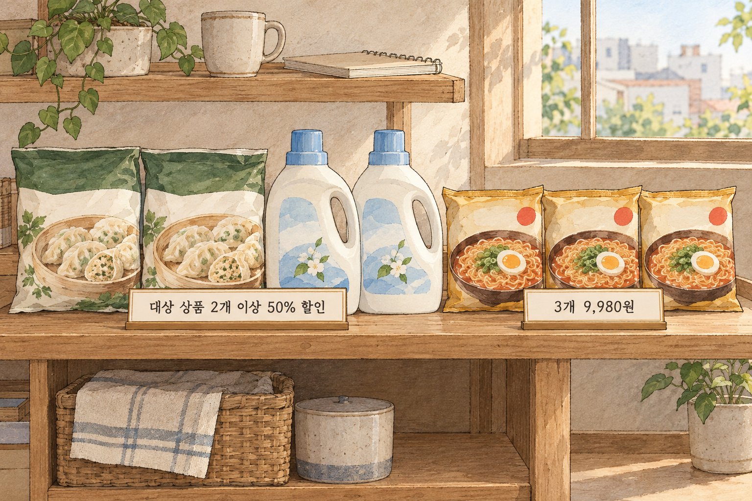 가공식품과 생필품의 묶음 구매 수량을 보여준다.