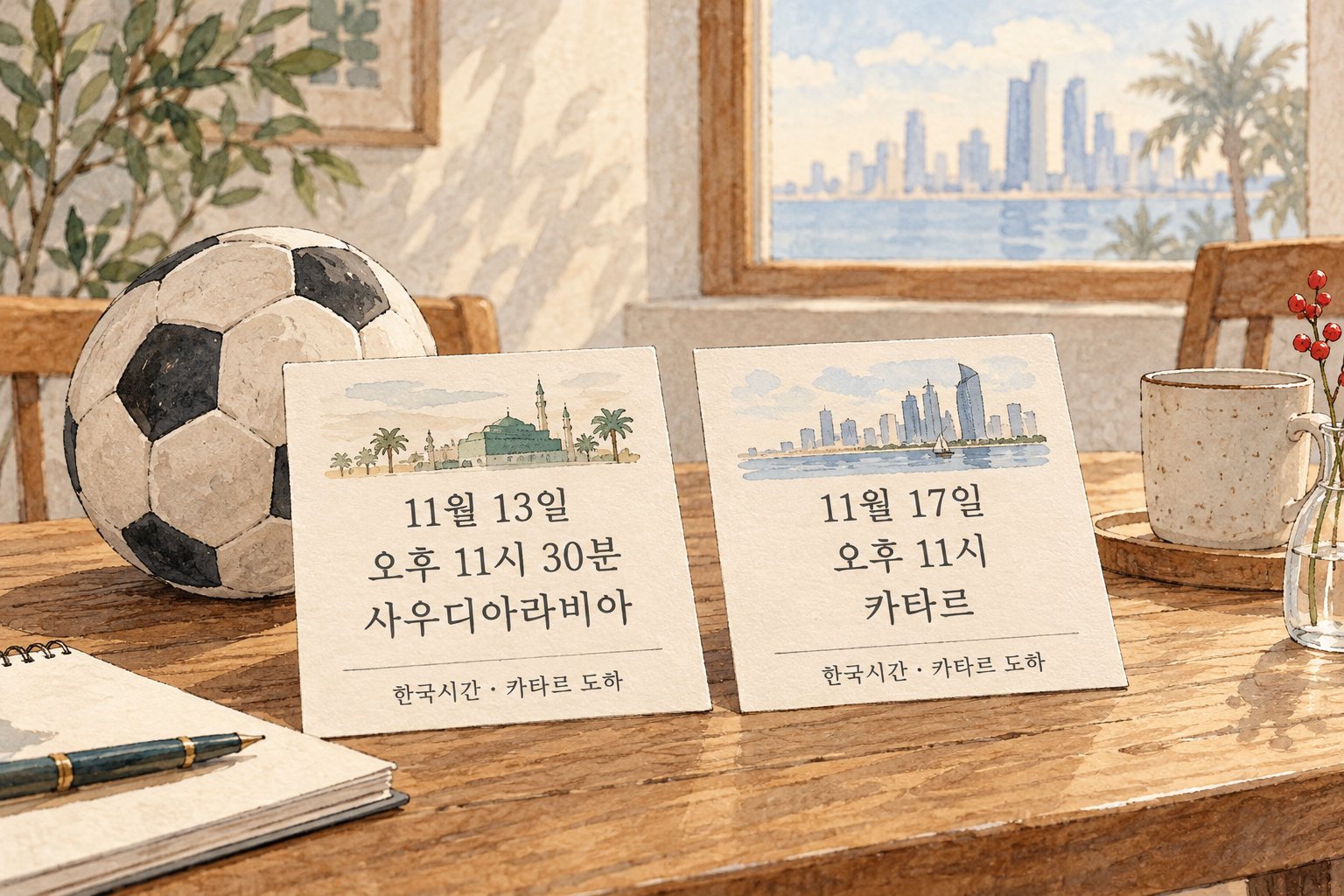 한국시간 기준 사우디아라비아전과 카타르전 일정 및 개최 도시를 보여준다.