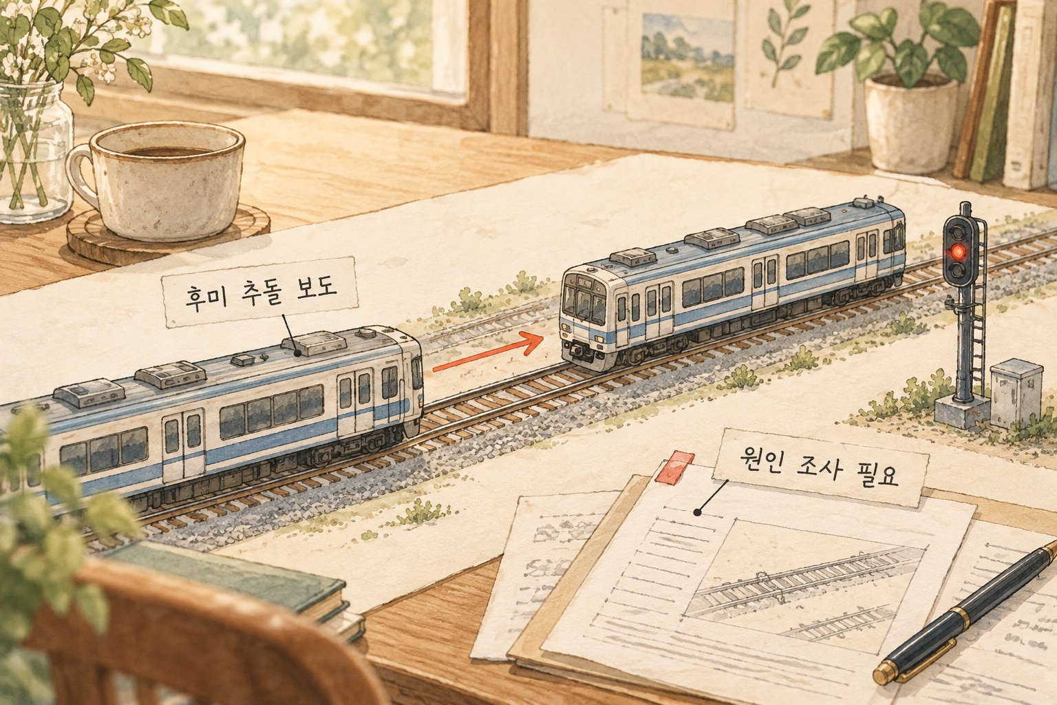 열차 후미 추돌 경위와 사고 원인 조사가 별개의 확인 사항임을 보여주는 그림입니다.