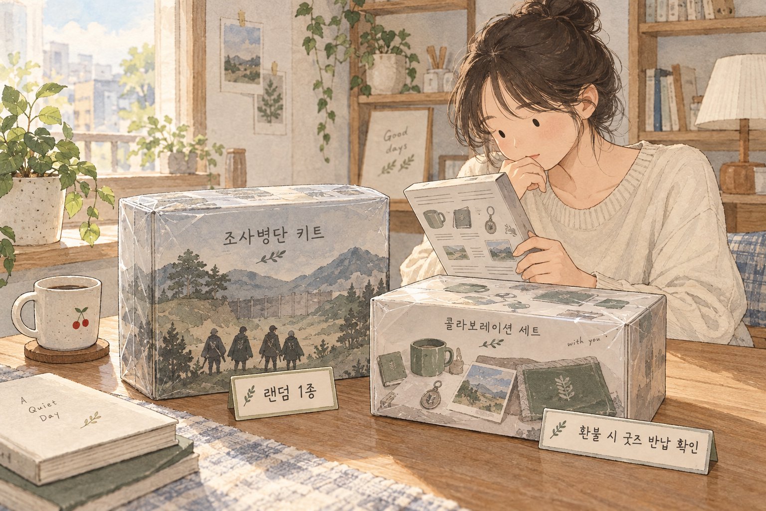 조사병단 키트를 열기 전 랜덤 구성과 환불 조건을 확인하는 모습입니다.