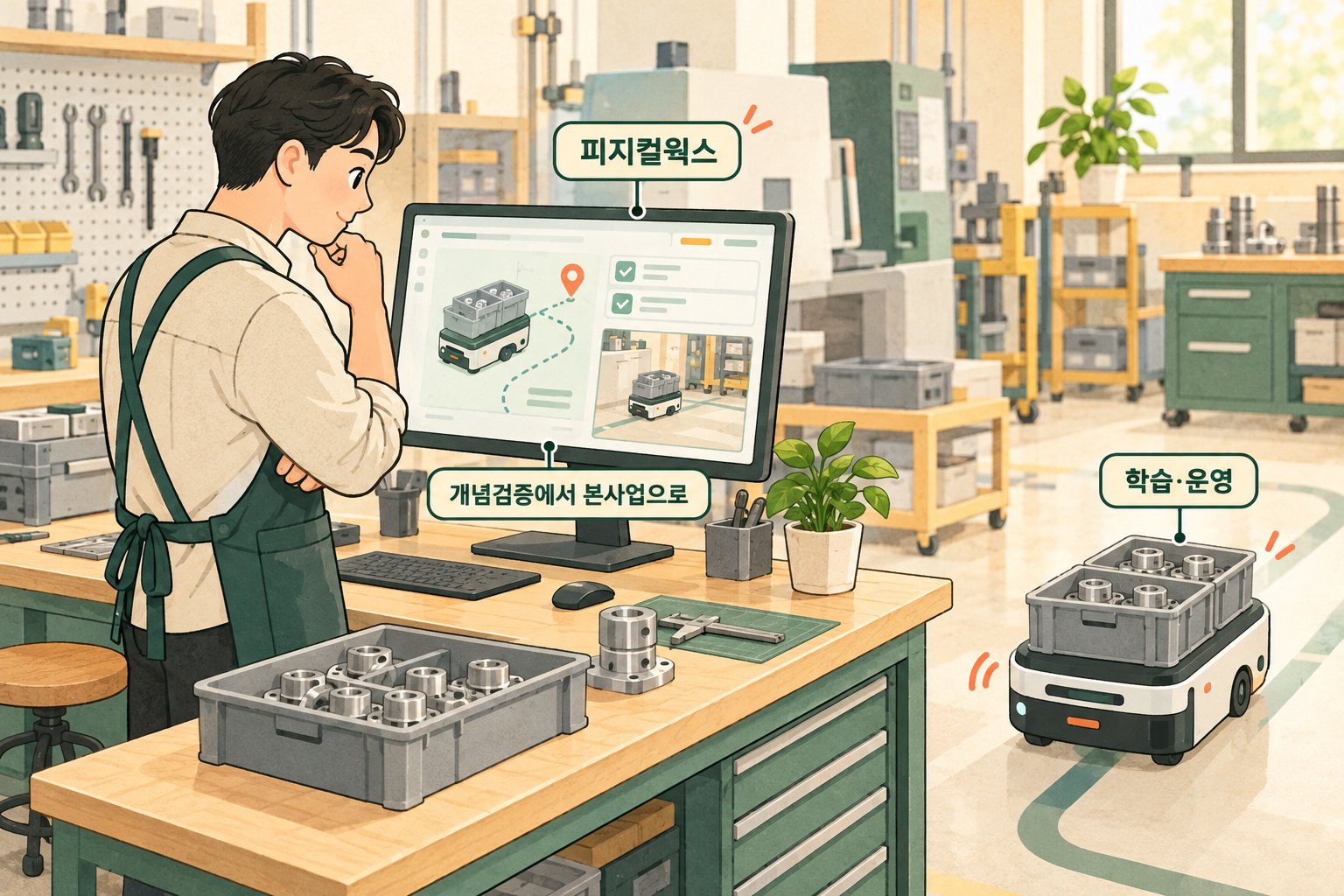 LG CNS의 피지컬웍스를 활용해 제조 현장의 로봇 작업을 관리하는 모습을 보여준다.