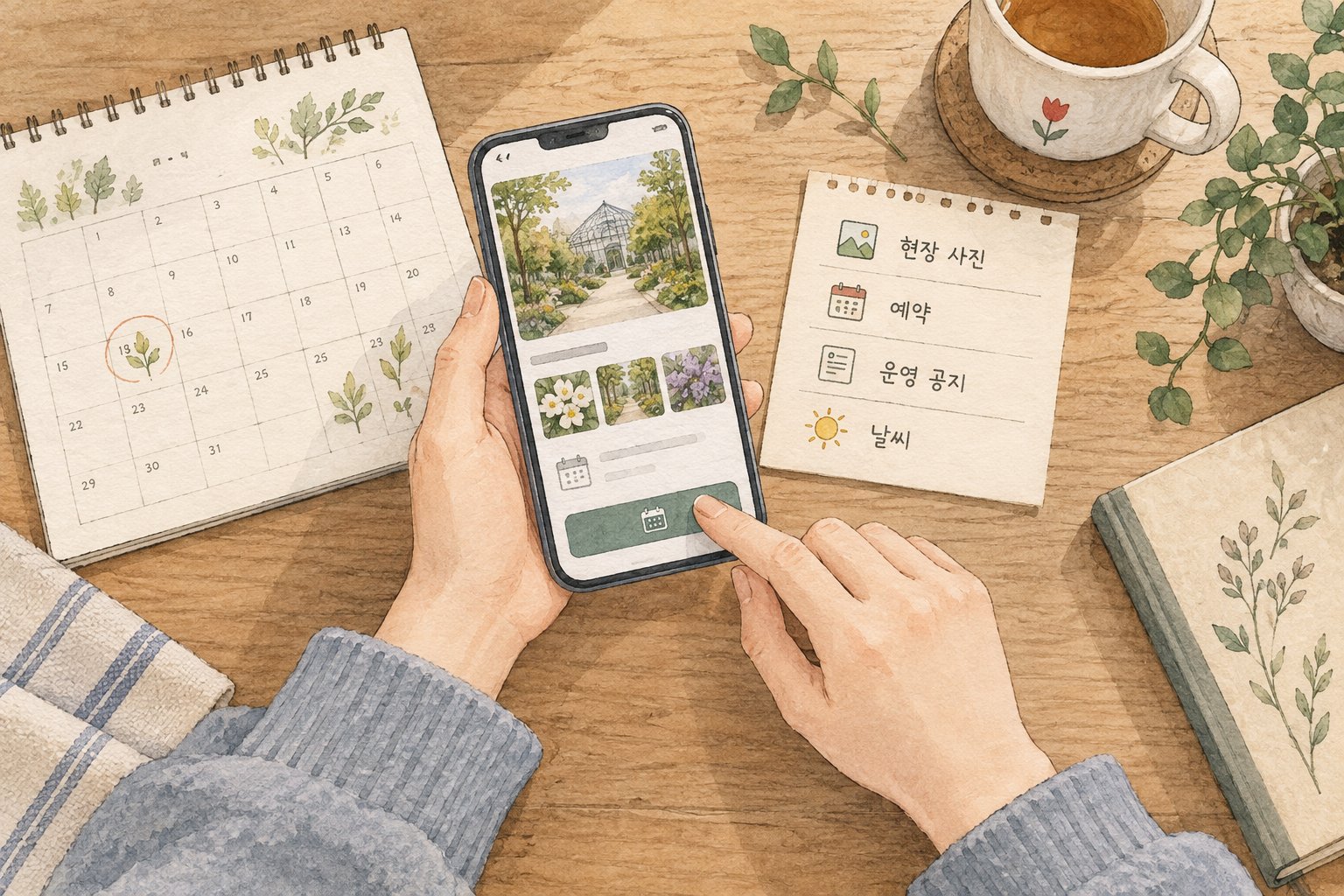 수목원 방문 전 현장 사진과 예약, 운영 공지, 날씨를 확인하는 준비 과정