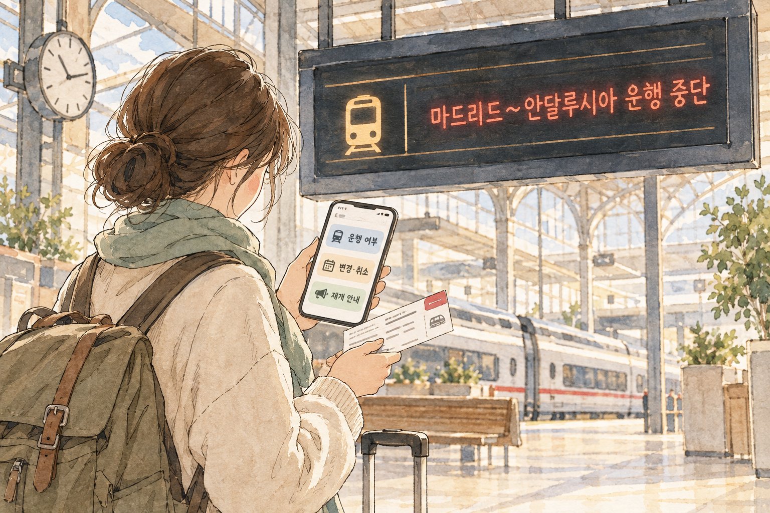 여행객이 마드리드와 안달루시아 구간의 운행 중단과 승차권 안내를 확인하는 모습입니다.